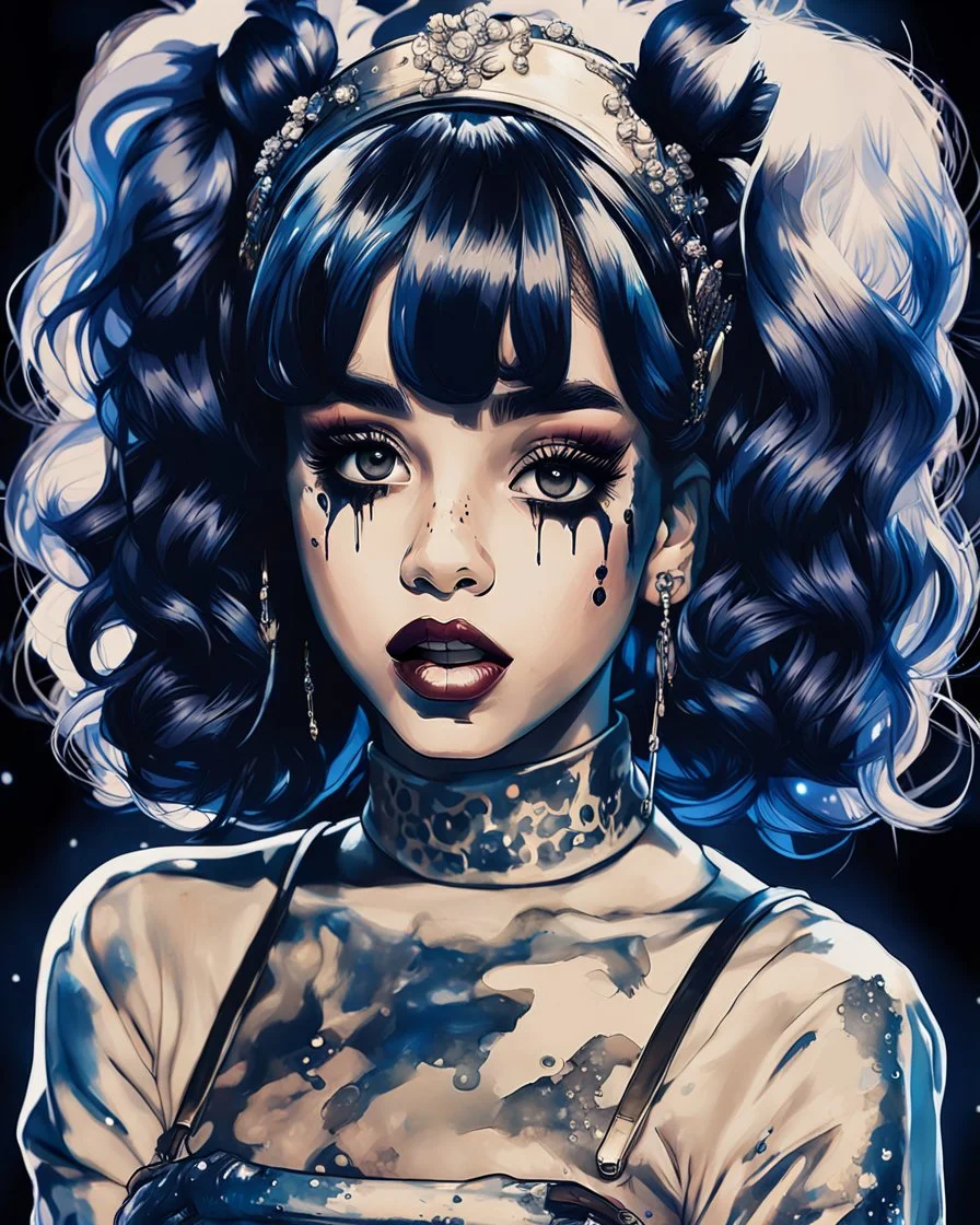 Poster in two gradually, a one side the Singer Melanie Martinez face, full body, painting by Yoji Shinkawa, darkblue and sepia tones,sinister, detailed iridescent, metallic, translucent, dramatic lighting, hyper futuristic, digital art, shot with Sony Alpha a9 Il and Sony FE 200-600mm f/5.6-6.3 G OSS lens, natural light, hyper realistic photograph, ultra detailed -ar 3:2 -q 2 -s 750,malevolent goth vampire girl face and other side