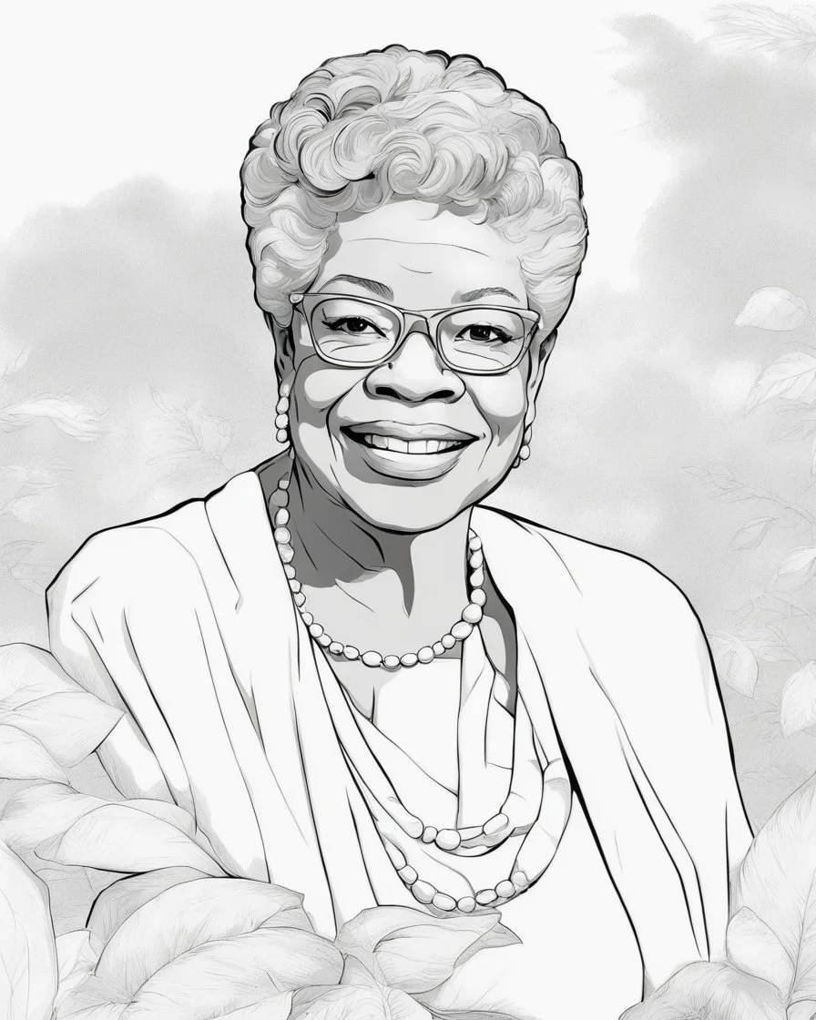 Outline art for coloring pages with MAYA ANGELOU , white background, sketch style, only use black outline, white background, no shadows and well and clear outline , white background, sketch style, only use black outline, white background, no shadows and well and clear outline