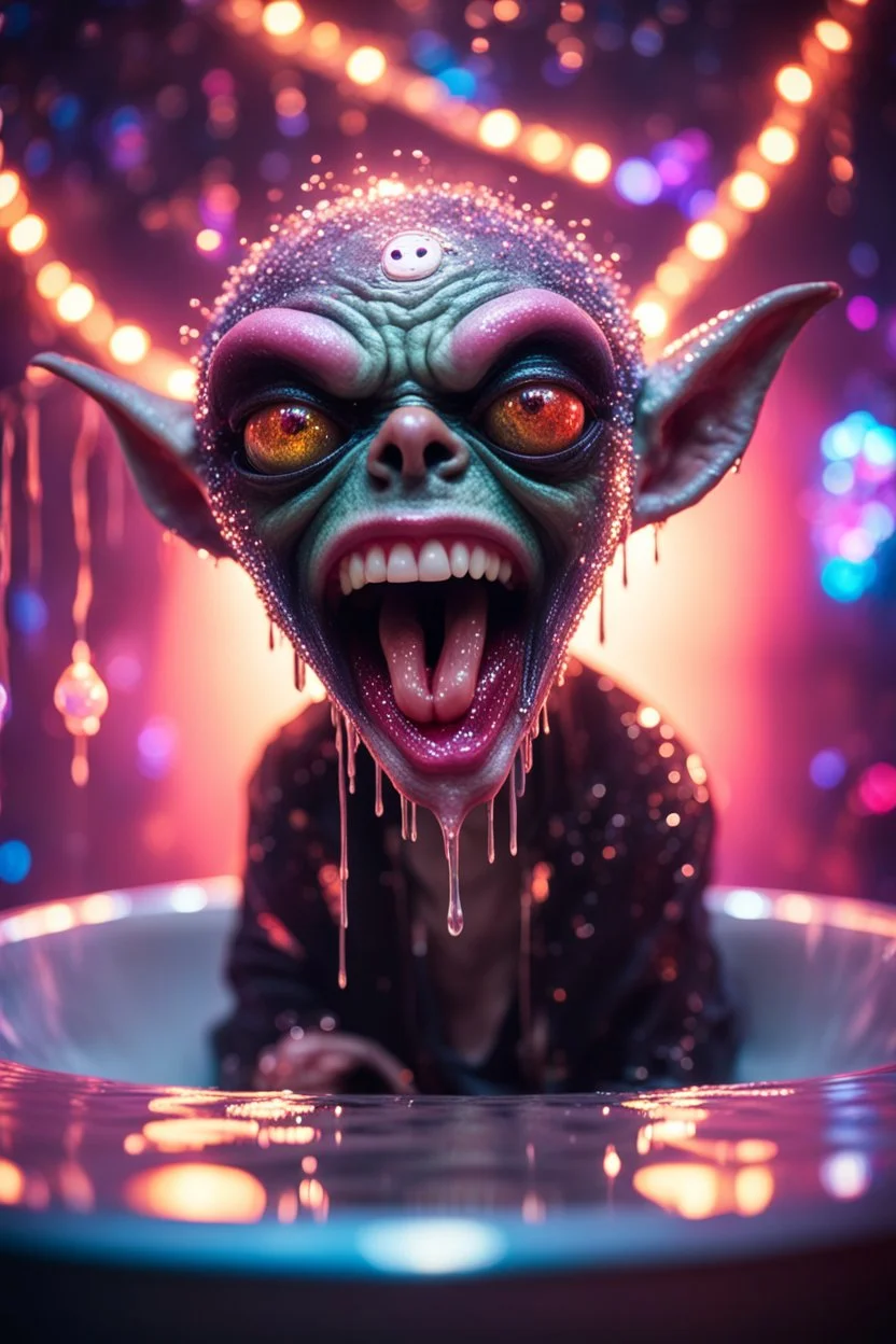 portrait through dirty warped lens of ultimate transcendent happy disco ball pimp gremlin vampire alien frown with spotlights and huge dripping tounge sticking head out of a bathtub portal, in front of space portal dimensional glittering device, bokeh like f/0.8, tilt-shift lens 8k, high detail, smooth render, down-light, unreal engine, prize winning