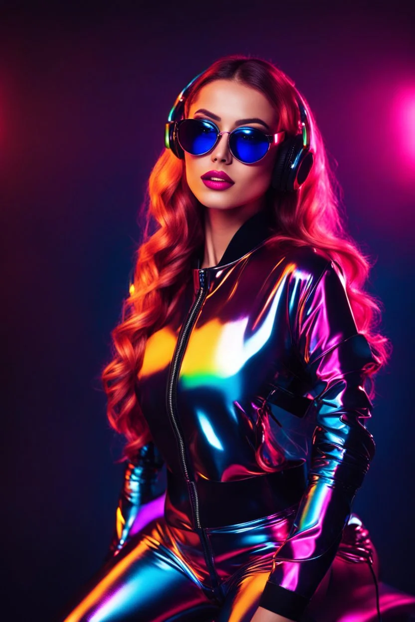 Beautiful woman,fashion style,latex suit,good body, headphone with sunglasses colorsfull ,background neon light