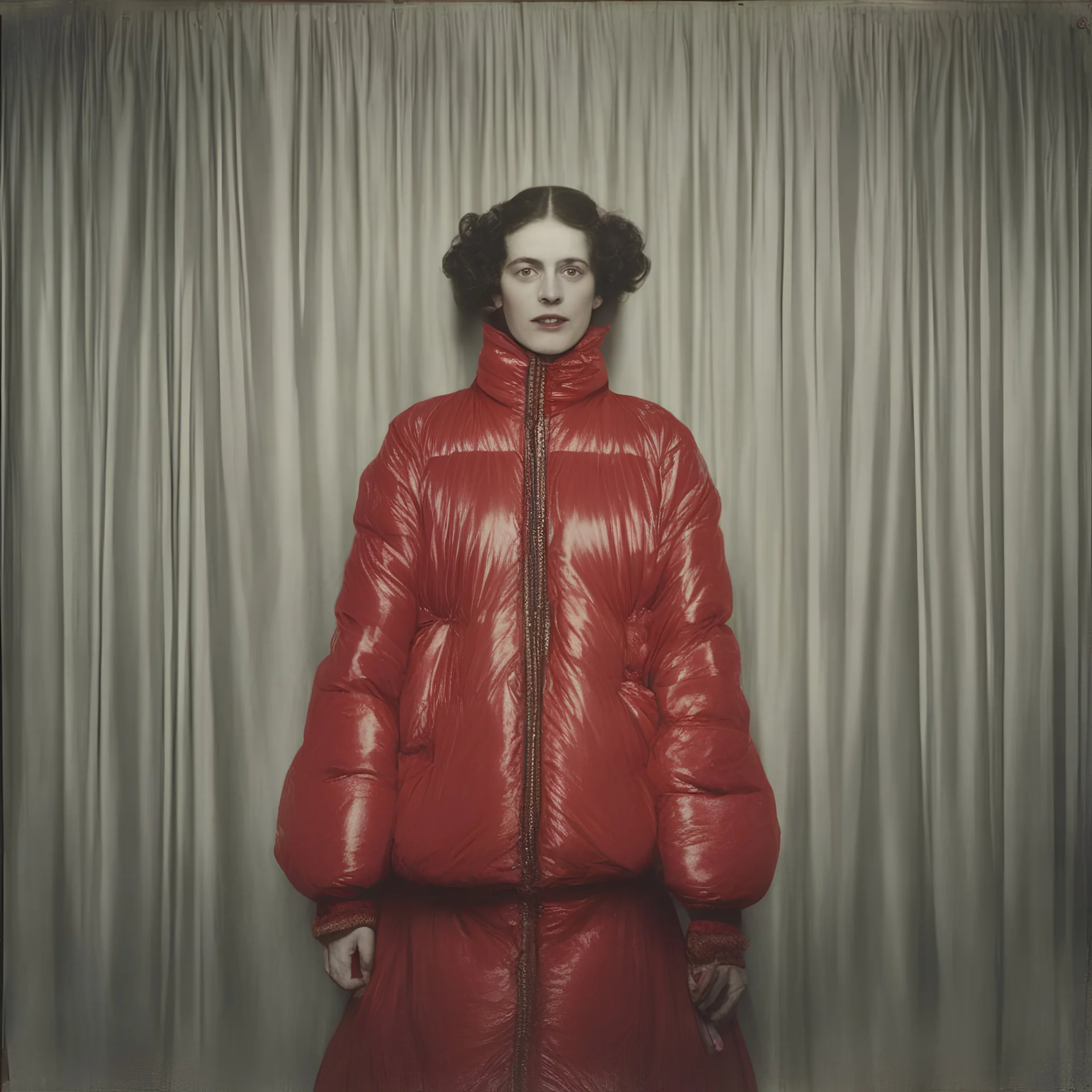 Countess da Castiglione, red, autochrome, plastic puffy jacket, heavy curtain