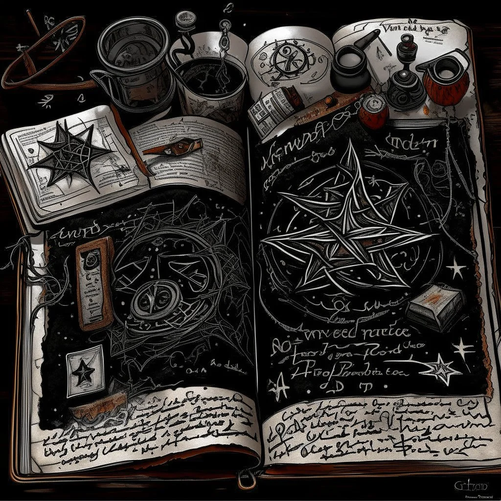 messy dystopian Scrapbook composition. Amid sinister strewn ash and rock and bone detritus lays a diary of a madman, cosmic magic scribbling, dramatic schemata of dark gnostic symbols, sinister, annotations in margins, pentagram, vellum paper with burnt edges