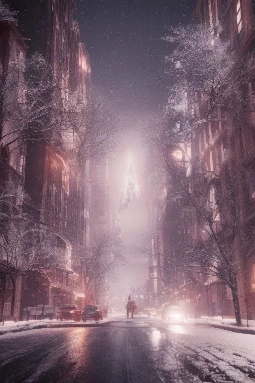 New York street, Realistic night christmas, snow, 4k, big tree christimas