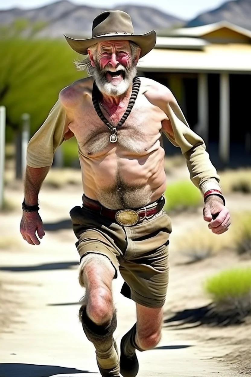 Bare runner drunk old cowboy in pants