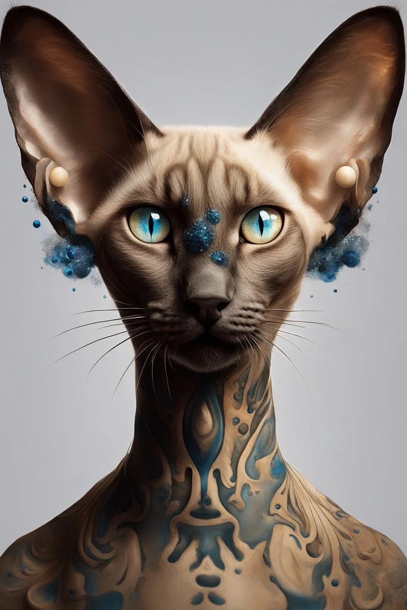 A stunning, hyper-detailed digital painting of a Siamese cat, transformed into a mesmerizing fusion of feline and human elements. The cat's eyes are striking blue orbs with a slit pupil, set on a face that exudes natural curiosity. Its body is a combination of cream, tan, and grey, with a distinct wrinkled texture and hairless appearance. Superimposed onto a human body, the cat has remarkably large, bat-like ears. The heavily tattooed neck features a banner with the words "Bad Kitty" in stylized