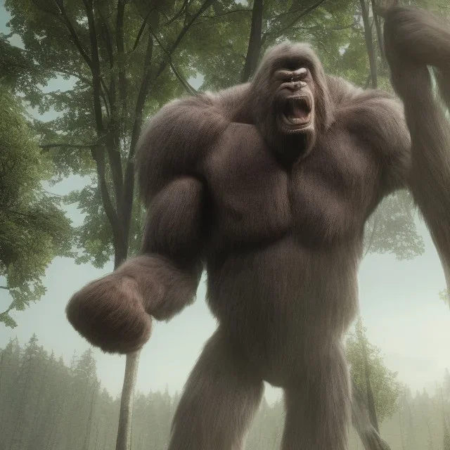 huge giant upright ape hybrid human, grey black, destroying a tree in forest, bigfoot, angry, big muscles