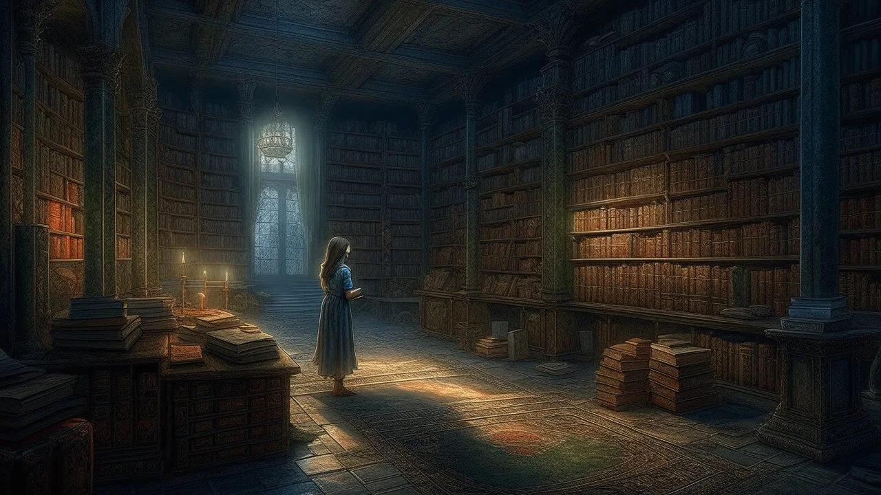 woman in a mysterious room, infinite library, bookshelves, candles, Beksinski and Moebius painting, highly detailed, artstationHD, artstationHQ, 4k, 8k, beautiful lighting, hq, sharp focus, trending on artstation,