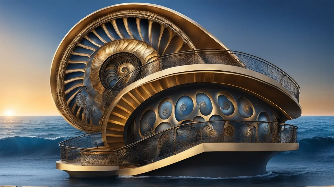 midle soot A stunning Nautilus shell house with a nautilus shell metal stair wide shot standing in the sea waves backdrop the deep blue Sea in golden hour, dark metallic, steampunk, hyperrealistic photo, Digital painting, Highly detailed, Sharp Focus, unusual spiral fractal architecture