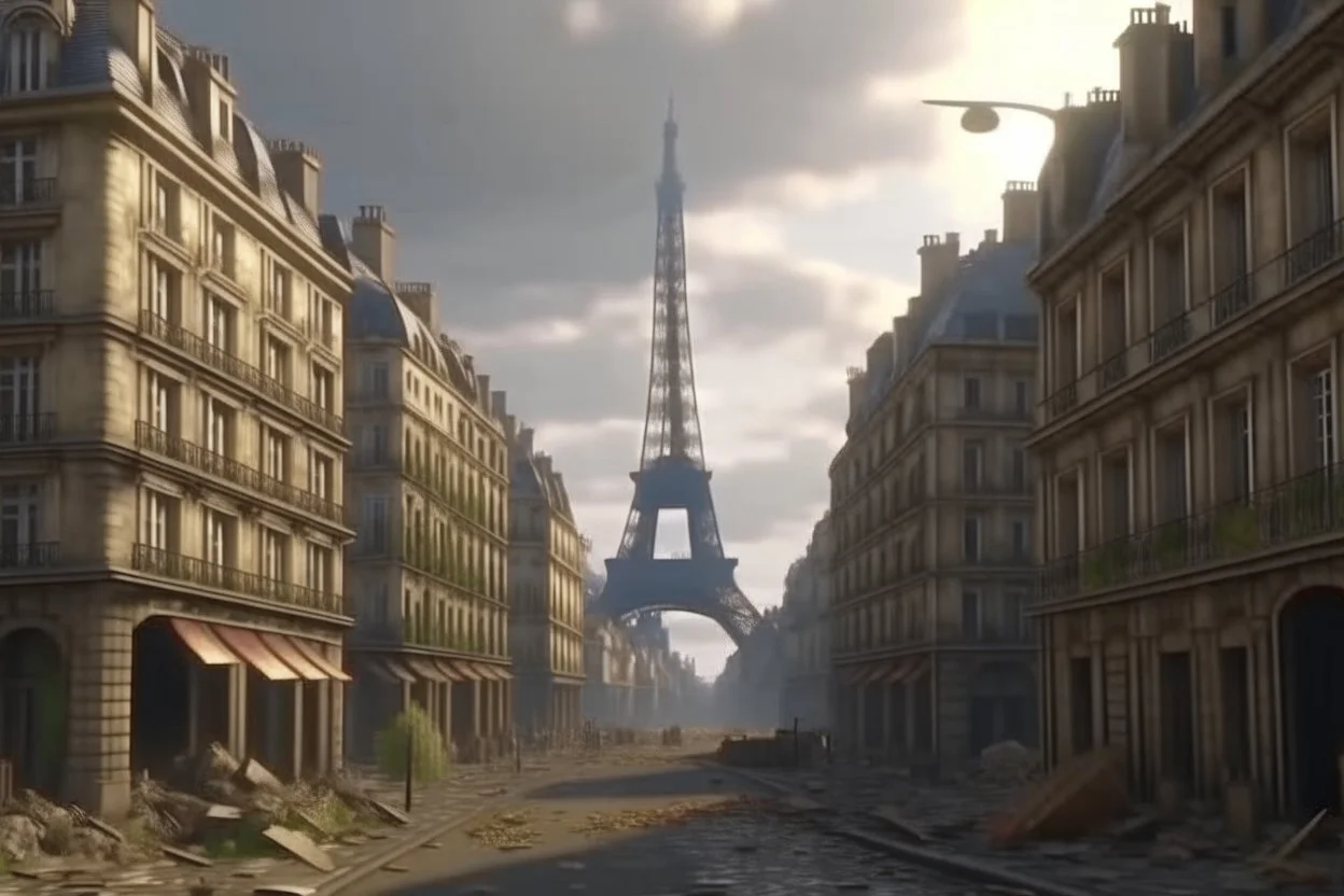 4k full realism. Crée un arriere plan le plus détaillé possible de la ville de Paris dévastée par un conflit nucleaire