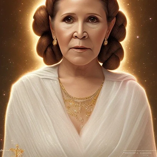 hyperspace background, complete and photo realistic detailed head to waist stunning photo realistic portrait of carrie fisher as Princess Leia in star wars with photo realistic wedding hairstyle by Mandy Jurgens and mucha and Richard Schmid and chuck close and chie yoshii, extraordinary and detailed ceremony dress of star wars,brown eyes