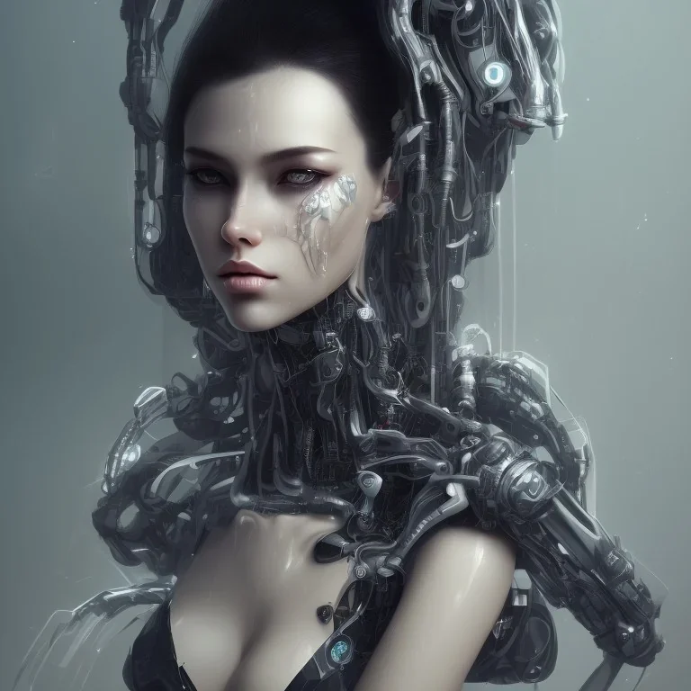 wonderfull portrait only woman half face robot, long black hair, intricate, sci-fi, cyberpunk, future