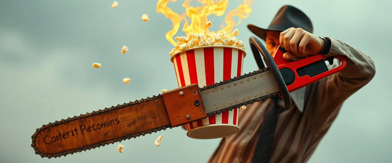 pop corn bucket that looks like a chain saw wielded by serious angry law man