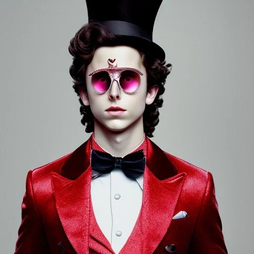 Timothée Chalamet willy wonka, red tinted sunglasses, black top hat, mask