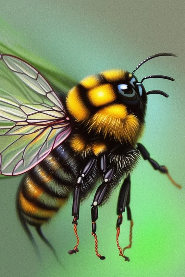 Realistic drawing with colored pencils of a bumblebee and a flower