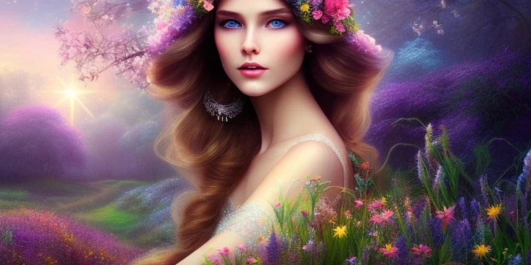 bright fairy, beautiful portrait, flowery landscape