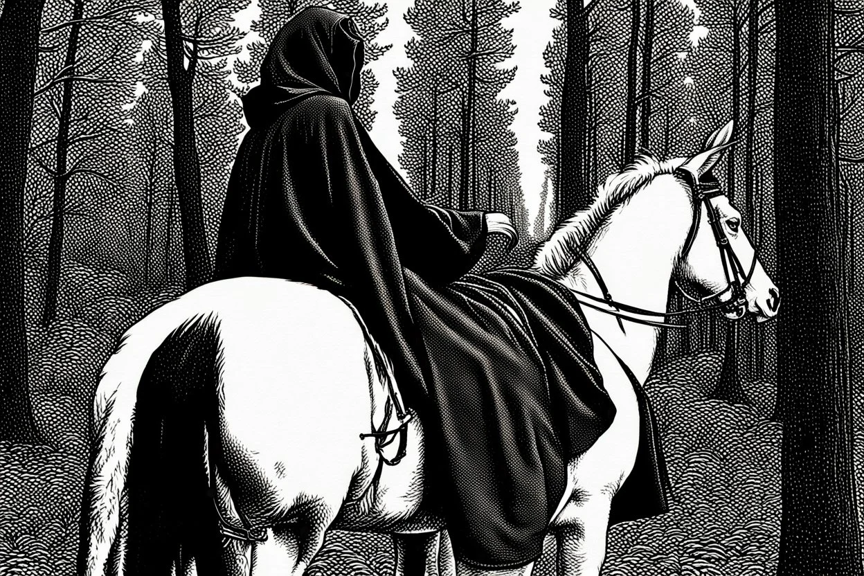 hooded monk on horseback in the forest