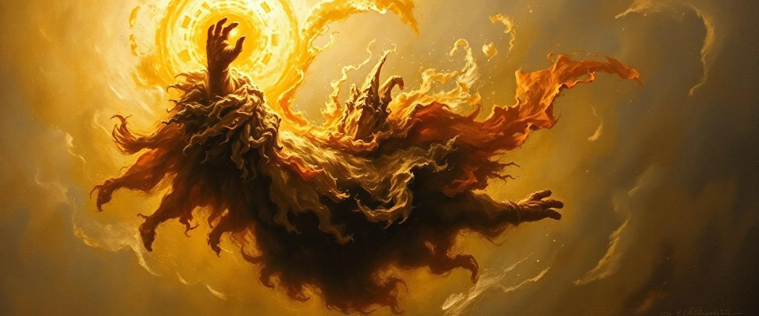 master oil painting by Rembrandt, good afternoon golem in radiant whirlwind