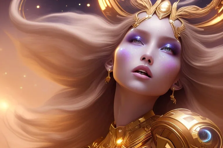  beautiful cosmic woman, golden skin, long hair, nice smiling, magic glamour make up, delicate colors, beautiful glamour galactique dress, ultra sharp focus, 8k, unreal engine 5, extremely sharp detail, light effect, soft light atmosphere of a spaceship, smooth, full of details, face in front, complete vision of face and hair and body