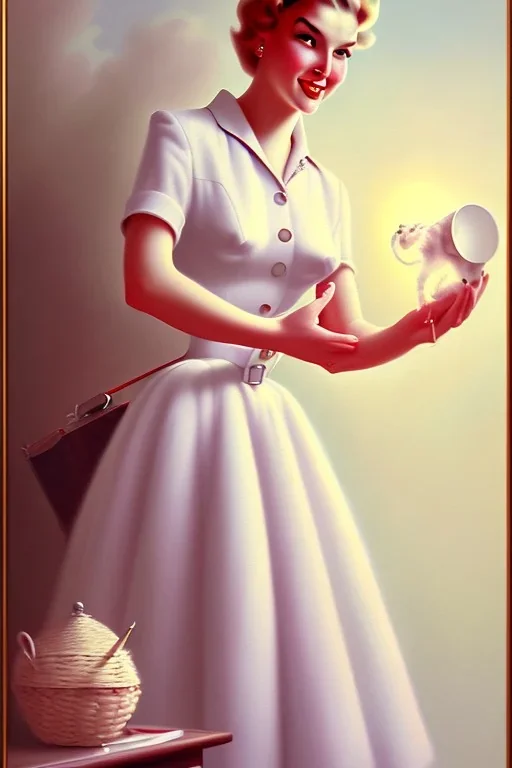 housewife, 1950s painting, cute, beautiful, wholesome