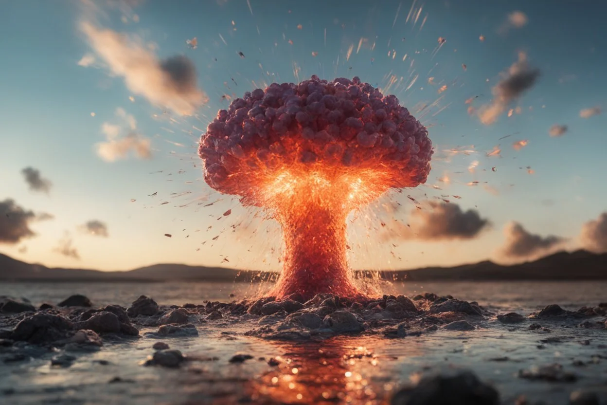 Atomic explosion, made of jelly, ULTRA REALISTIC, details, intricate detail, professional lighting, film lighting, 35mm, anamorphic, lightroom, cinematography, bokeh, lens flare, film grain, hdr10, 8k, Roger Deakins, incredibly detailed, reflect, sharpen