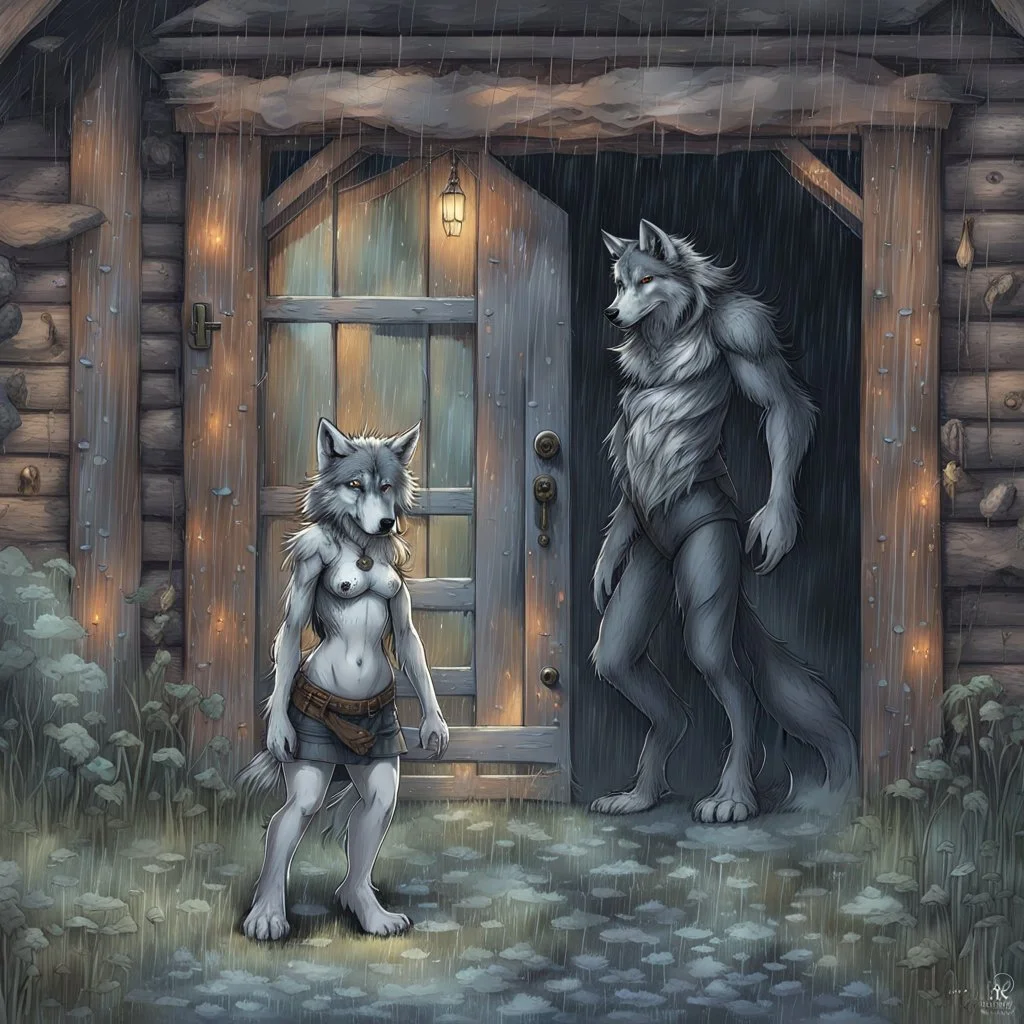 fantasy digital art of young female anthro wolf in gray hairy wolf body and wears just a short canvas rag around her waist , sadly crying face stands in the rain front the door, behind her an tall anthro dark hairy wolf man standing behind in rustic halb open door in an massive wooden house, deep colors, rainy day, detailed, anthropomorphic creatures, fantasy, sci-fi mood