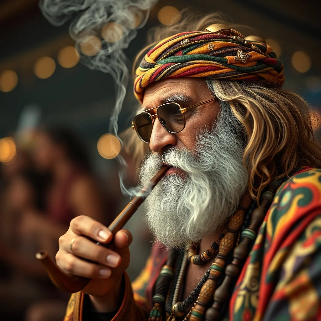 saddam husssain as cult leader hippie smoking big pipe having fun in a festival in the 60s, goa psy ambient in the style of vangelis and fsol, source vibrations, bokeh like f/0.8, tilt-shift lens 8k, high detail, smooth render, down-light, unreal engine, prize winning