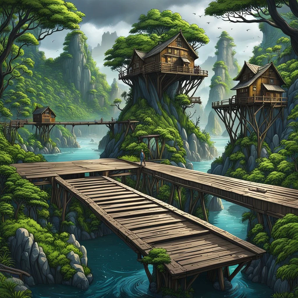 1 massive squat wooden bridge made connects the two shores over a gorge, between two tall rocky shores, sprawling, tall alien trees on both shores, log wooden houses in the distance in the background, rainy landscape, lush vegetation, massive trees,, high detailed, fantasy, cinematic