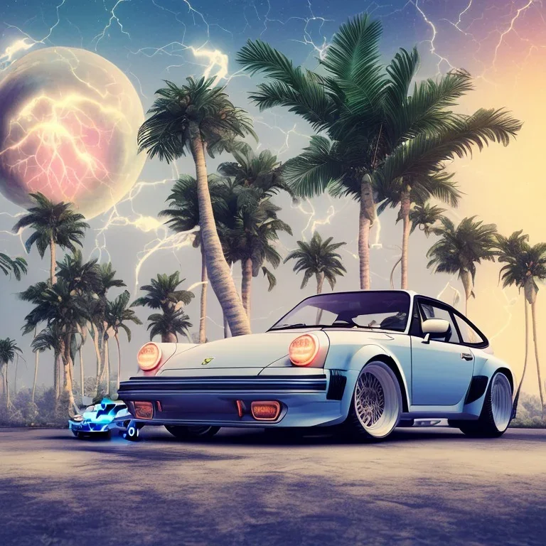 1980's aesthetic vaporwave palm trees and spheres and Porsche with lightning