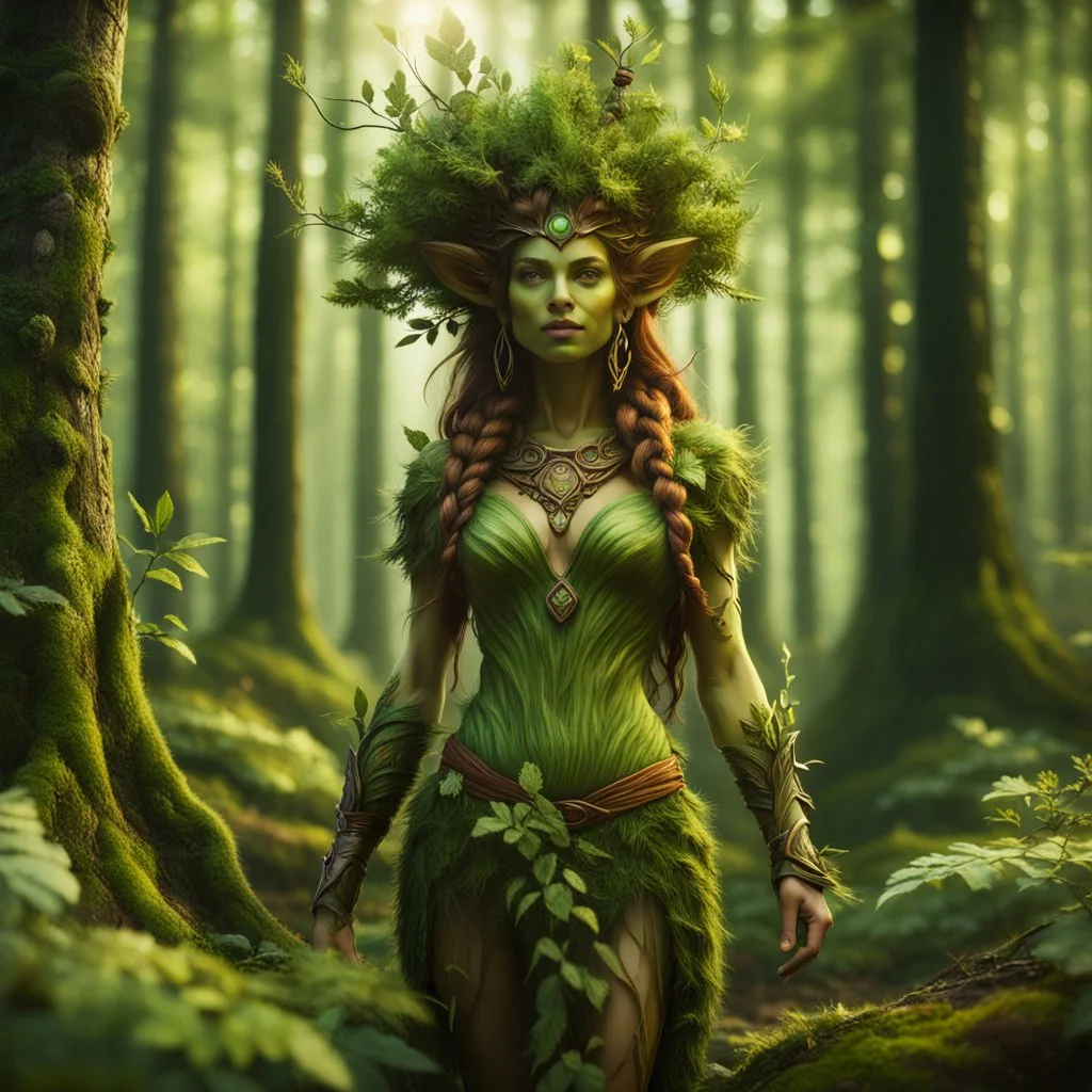 create a full body portrait of a forest dryad gremlin enchantress , with highly detailed, sharply lined facial features, in the deep forest of Brokilon , finely inked, in rustic colors, 4k in the style of Peter Mohrbacher source vibrations, bokeh like f/0.8, tilt-shift lens 8k, high detail, smooth render, down-light, unreal engine, prize winning