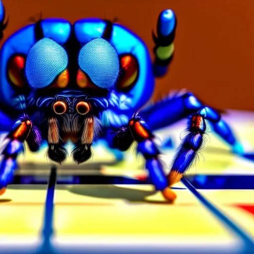 close up of a large hairy blue spider smiling and playing chess, photorealistic, blender render, wide angle lens, 4k, two birds, jungle,