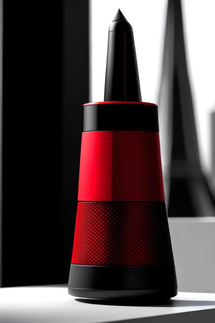 portable speaker, form inspired by Burj Khalifa, architecture form, modern design style and black and red color