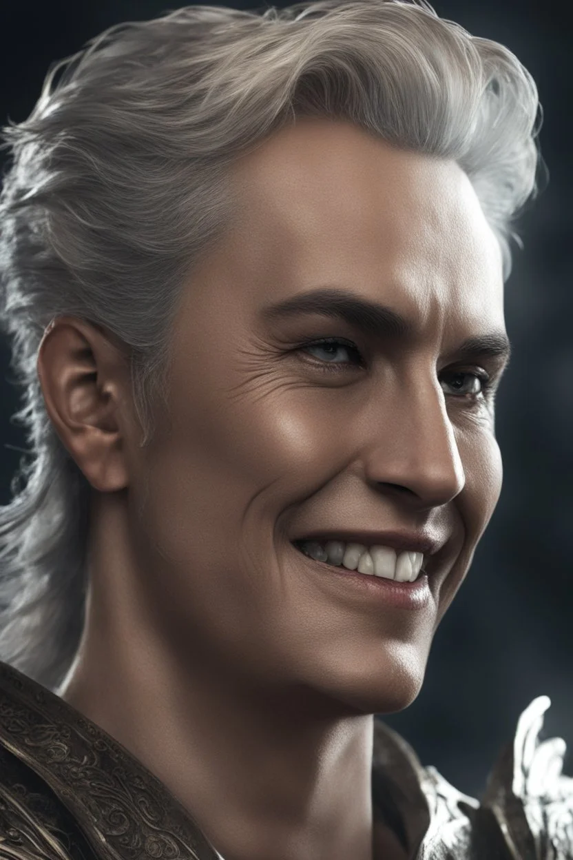 a very close up side profile image of an evil angel, smiling,8k quality, supper realistic