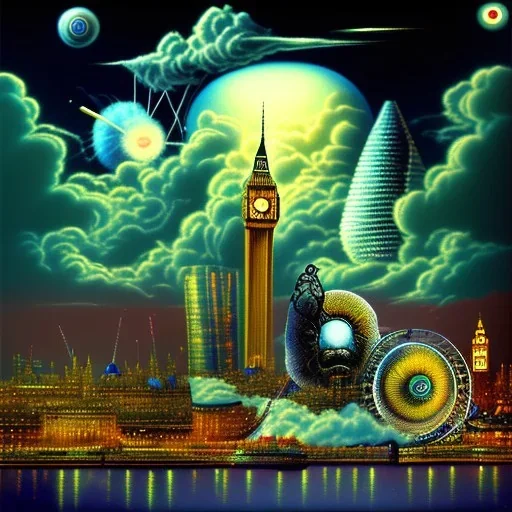 A monkey playing the drums, london skyline at night, in the style of Salvador Dali