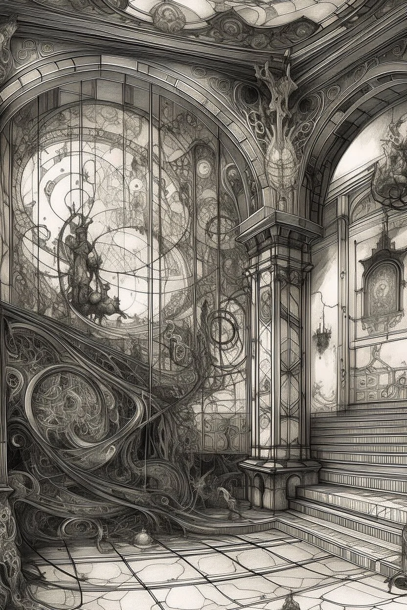panorama, zodiac signs, filigree, swirling chaos in the Baroque style of the interior, mysticism, dramatic atmosphere, overdetalization, drawing details with ink