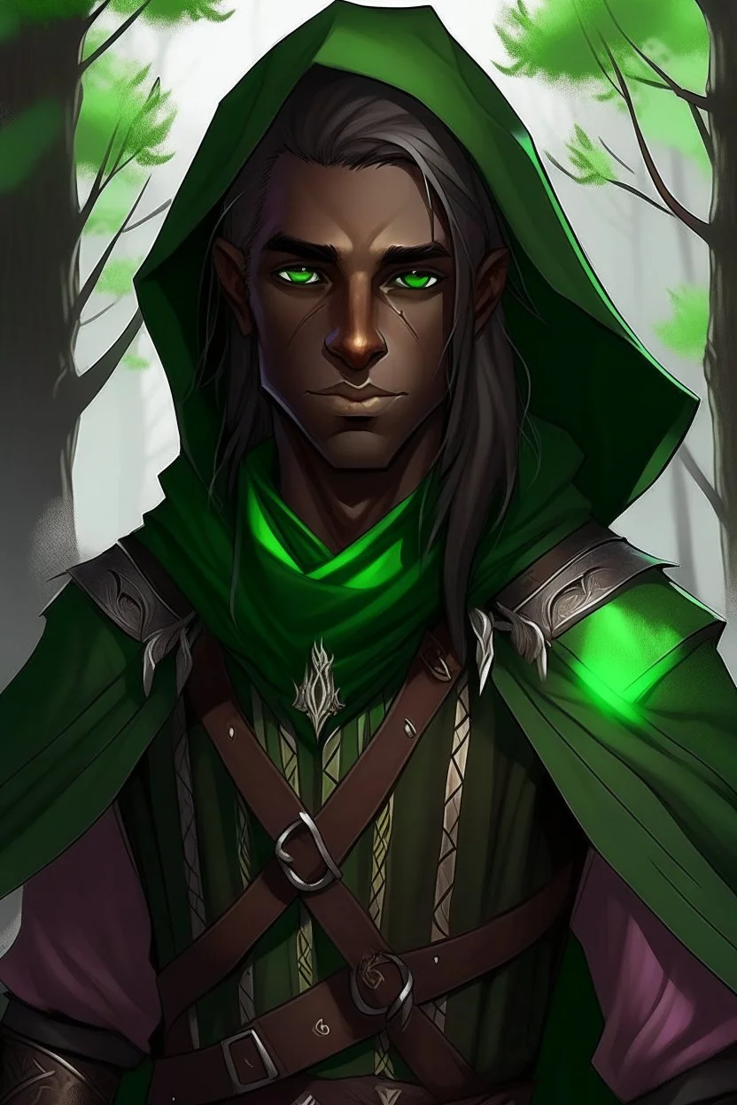 Male wood elf, rogue assassin, brown skin, bright green eyes, mauve longish hair, hooded black leather, friendly, trees, stoner