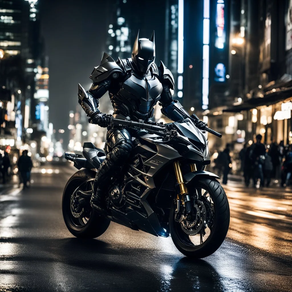 full image street photography art full body batman Dark Knight mechanical robo warrior character, anthropomorphic figure, wearing futuristic mecha warrior armor and weapons, on night city street driving ducati motorsports