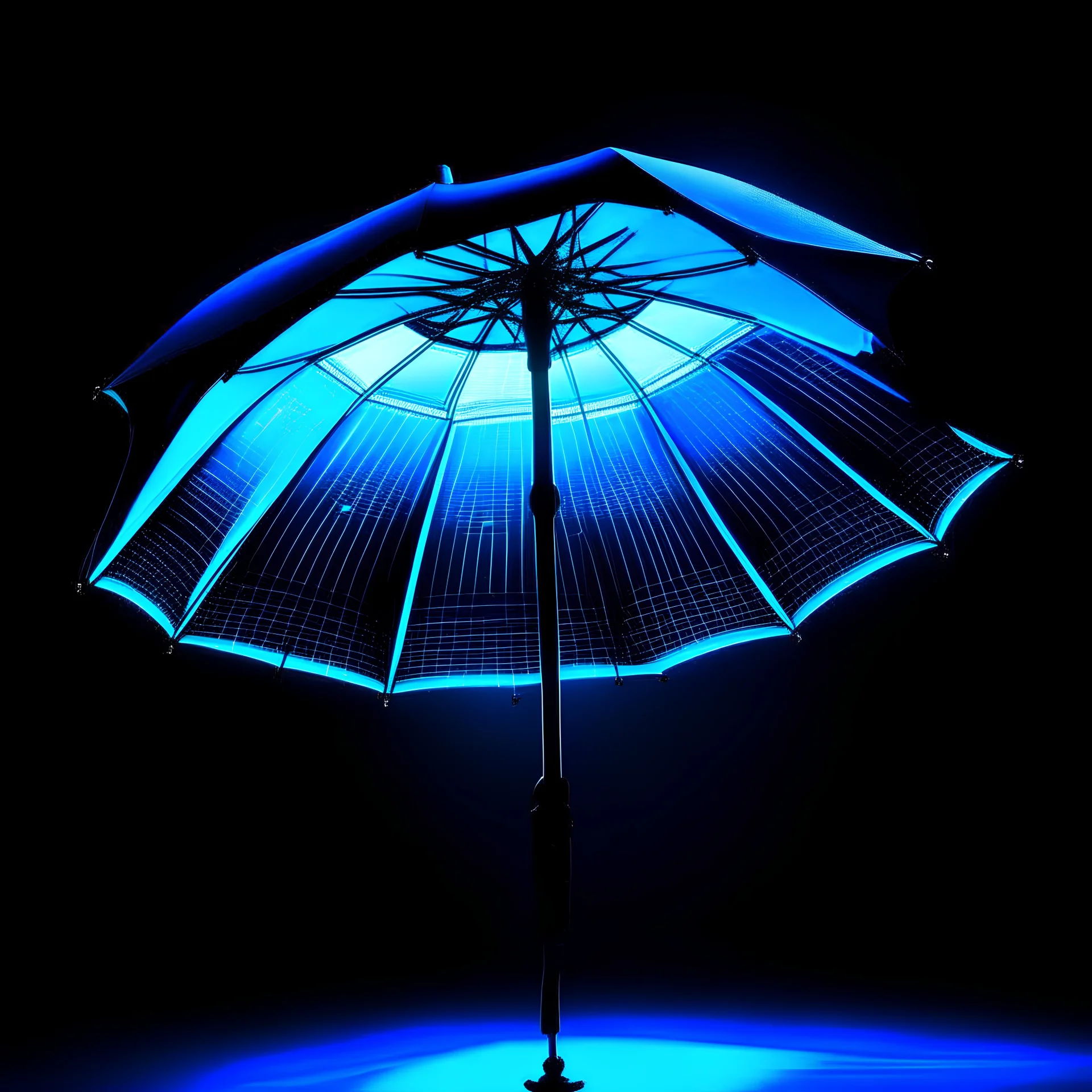 Create a product photo of an umbrella that has the shape of an ufo, can be folded, has 12 poles, glows blue in the dark with a flashlight and led lights on the pole and a phone on the pole with sos buttons under the umbrella on the stick. The umbrella has small cable on the end.