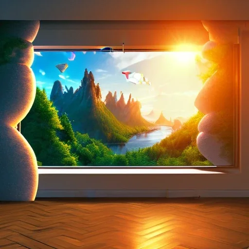 desk, parquet, sheet of paper, little pen, in front of a huge picture window with large view on a waterfall with warm light, sunset ,pixar style, panorama, nature, globe, HD, Hallelujah mountains