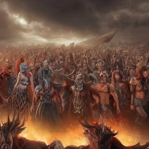 A scene from Ragnarok where the army of demons and gods are facing each other، high details hd hyper realistic high quality art by Greg rutkowaski