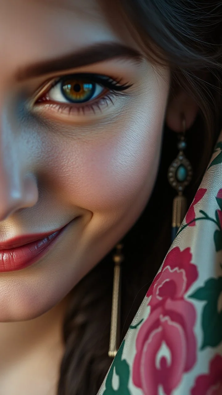 A beautiful eyes of a woman’s smiling? with a long earring . High quality 16k cinematic scene and great photography