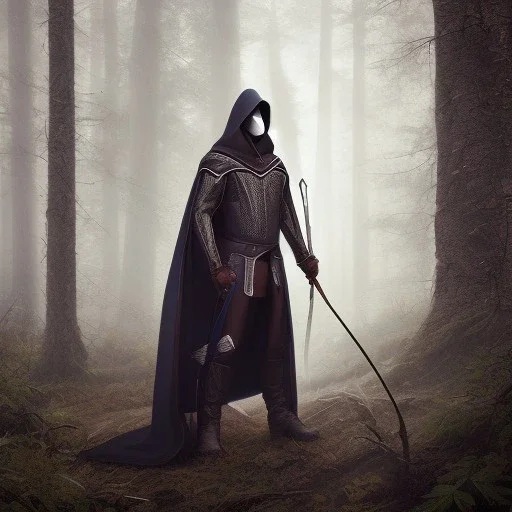 Male, Dark hair, Digital Art, Archer, Hooded Cloak, Dark Forrest background