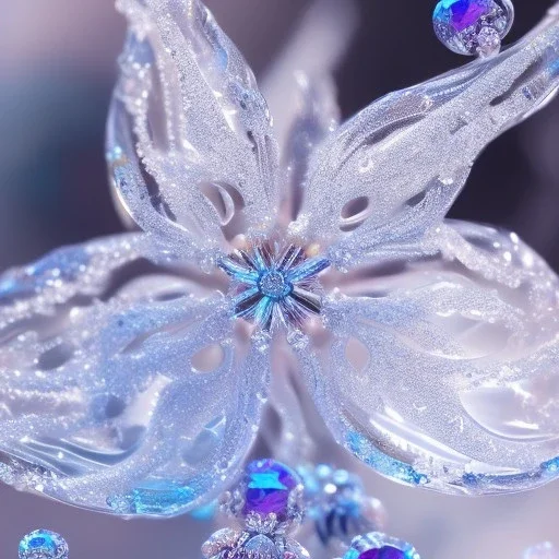 digital art of small epic fantasy ice flowers and many small semi transparent white snowflakes, majestic, intricate, masterpiece, insanely detailed, 4k resolution, cinematic smooth, intricate details , soft smooth lighting, vivid pastel colors, iridescent accents