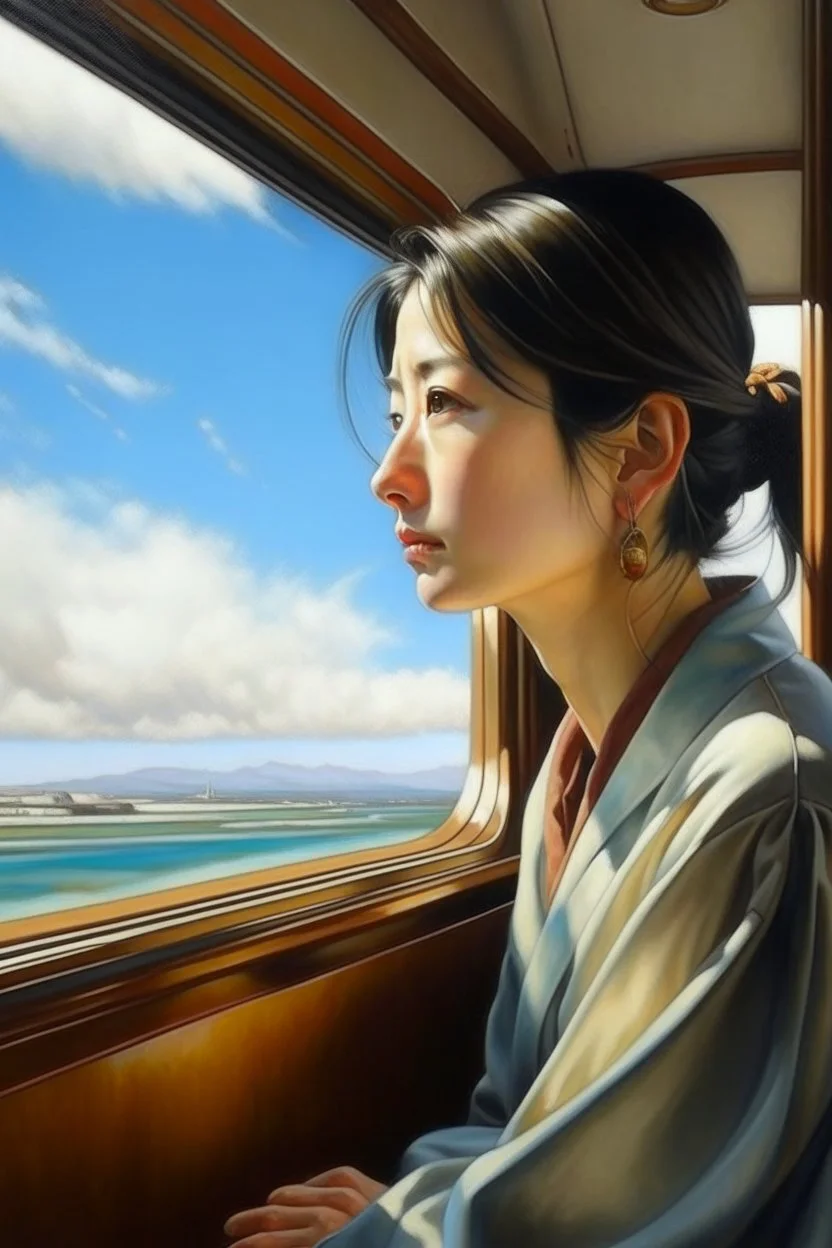 Neoclassicism japanese woman looking at window to sky in train realistic cote d'azur painting