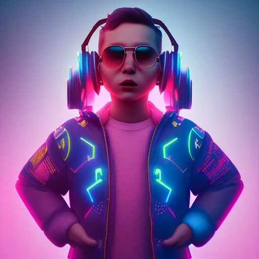 stylized Rabbit toddler, smiling, cyberpunk headphone, sunglass, gangsta neckless, full body, magenta puffer jacket, manila city background, dramatic lighting, hyper realistic, unreal engine 5, 16k