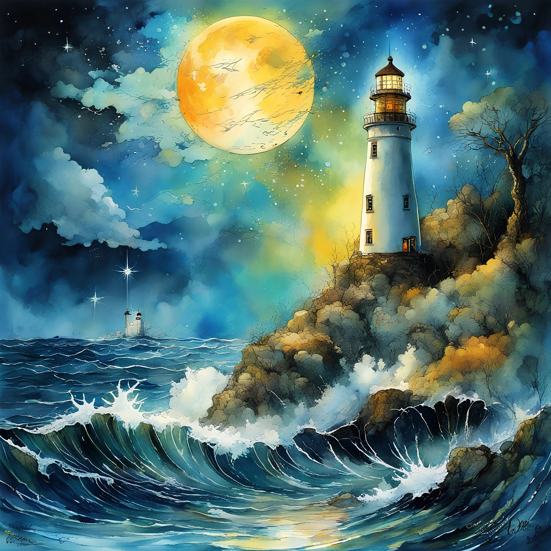 lighthouse landscape splashy Watercolor, by Josephine Wall, Pascal Campion, by Carne Griffiths, harvest moon, chaotic cinematic pastel colors, expansive, UV reactive blacklight, perfect Wide long-shot visual masterpiece, splash art, dramatic stormy night, lighthouse beacon light glare effect