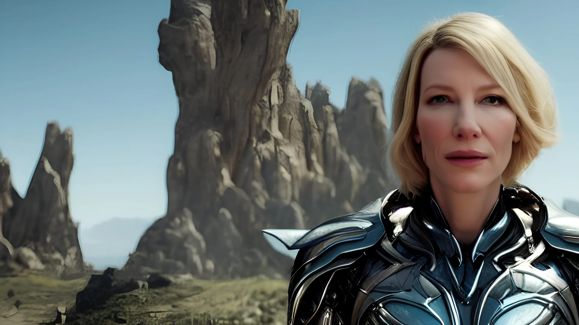 Portrait of Kate Blanchett as an elfin cyborg, in a fantasy landscape, HD 4K, photo-realistic accurate face and features, award winning photography, unreal engine, cinematic lighting