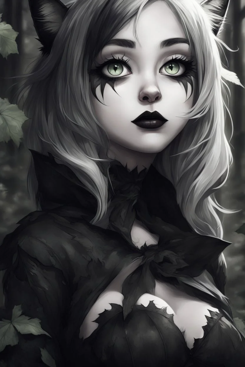 CAT GIRL, goth, forest, nature, cartoon, leaves, black and white hair, boobs, portrait, colour iamge