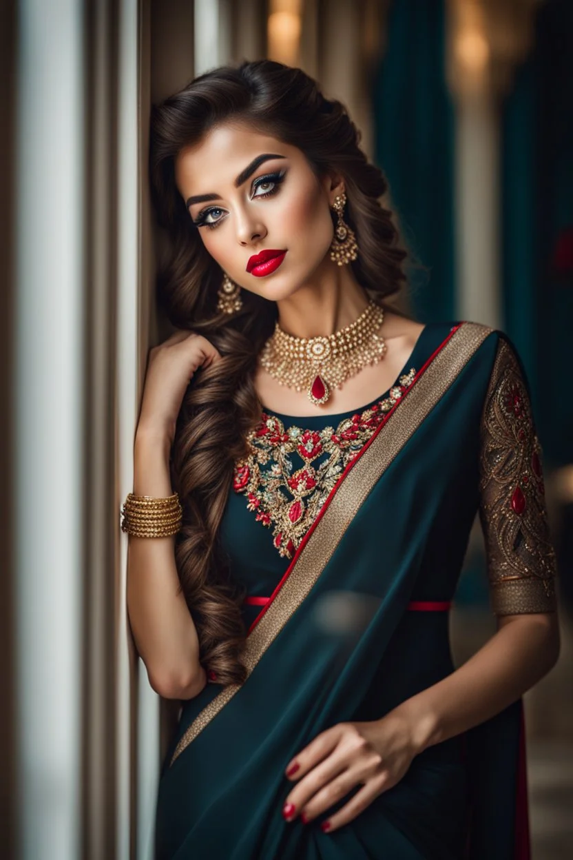 full length, young woman Portrait, detailed eyes, with spectacular red lips, Eyeliner "beautiful eye" with clear eyebrows, dress with a narrow waist, modest jewelry with subtle eyeliner, centered, symmetry, intricate, volumetric lighting, beautiful, rich deep colors masterpiece, sharp focus, ultra detailed, 8K, dslr, no crop, grand ballroom background, normal eyes