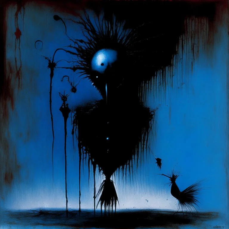 By Stephen Gammell and Joan Miro and Dr. Suess, dark noir macabre album cover illustration, a brood of nightmares, black and midnight blue with subtle red undertones, Eldritch Principles, bizarre composition, dark uv light, composite art style for an album cover, concept art, sfumato, dynamic composition