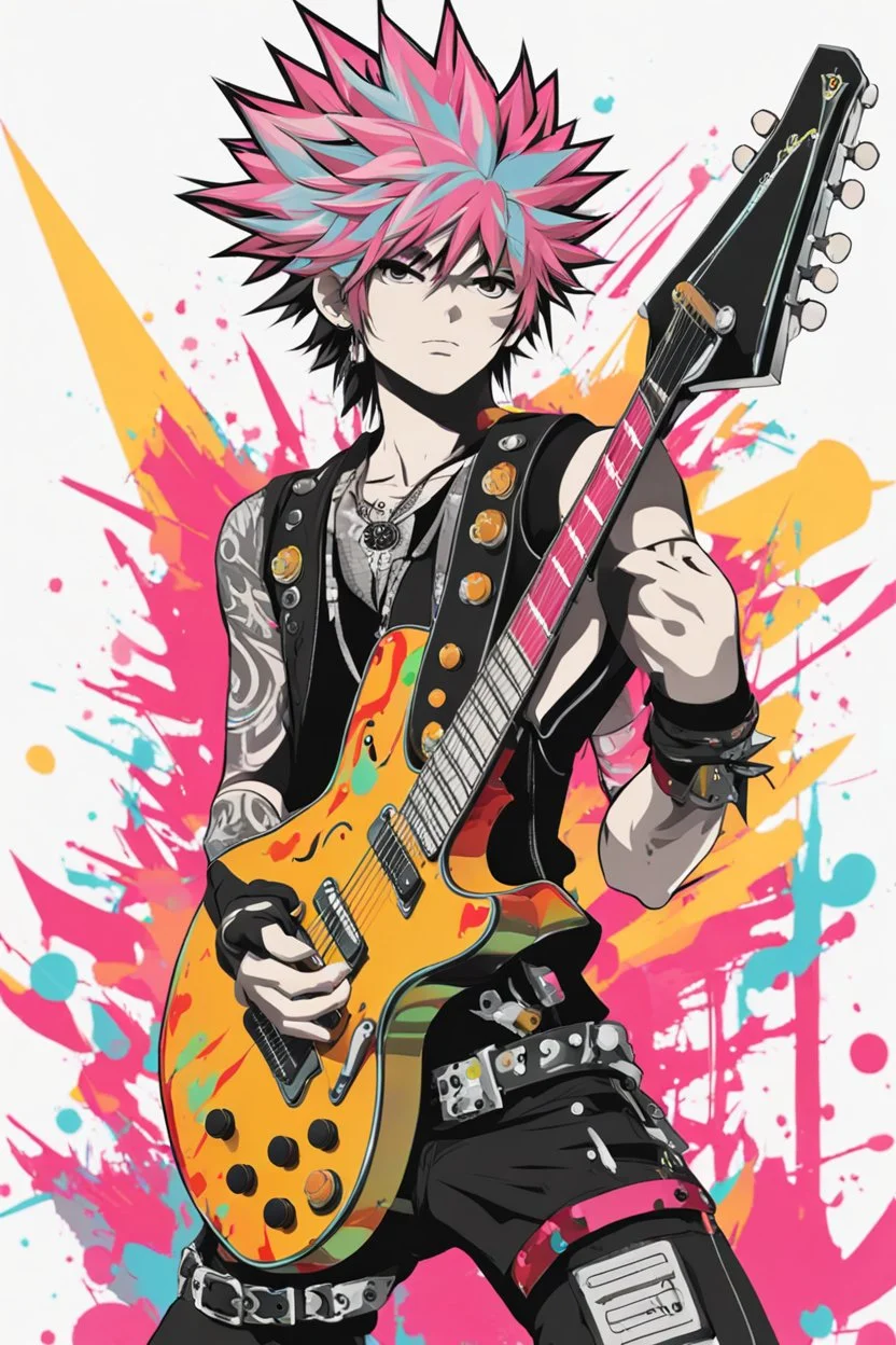 Full body PunkRocker,play guitar electric,with high details, style: anime 3D coloursfull glowing abstracts